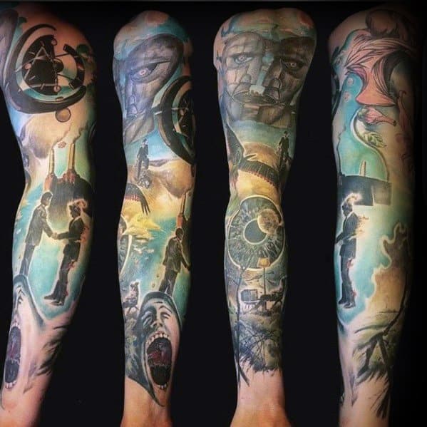 Sharp Pink Floyd Music Themed Full Arm Sleeve Male Tattoo Ideas