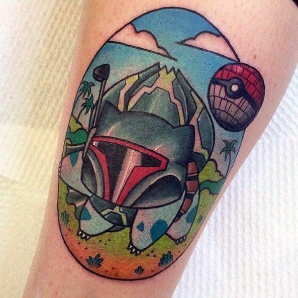 Creative mashup tattoo of Bulbasaur wearing Boba Fett’s helmet with a Death Star-style Pokeball, set in a vibrant island background.