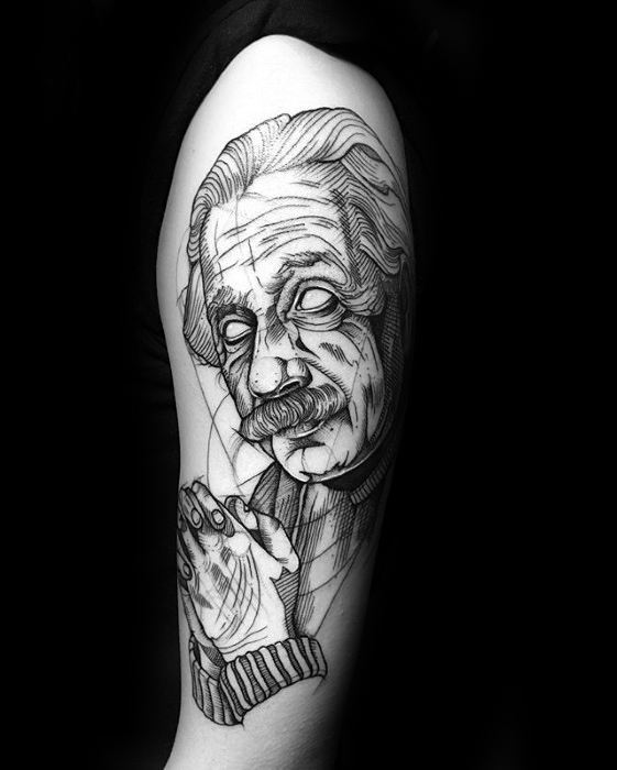 Sharp Sketched Black Ink Arm Albert Einstein Male Tattoo Ideas