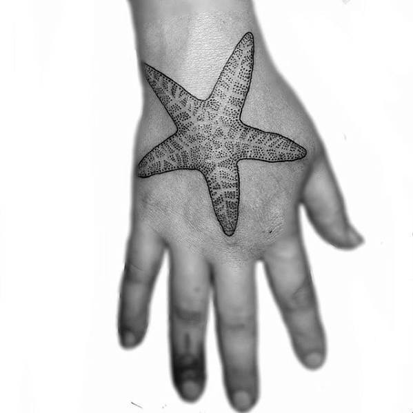 Delicate dotwork starfish tattoo on the back of the hand, featuring fine geometric patterns for a subtle yet striking design.