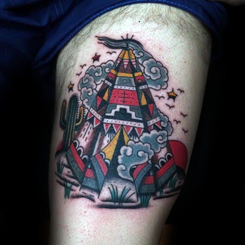 Sharp Teepee Male Tattoo Ideas On Thigh