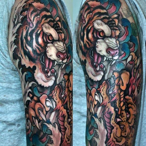 Sharp Tiger Half Sleeve Dragon Male Tattoo Ideas