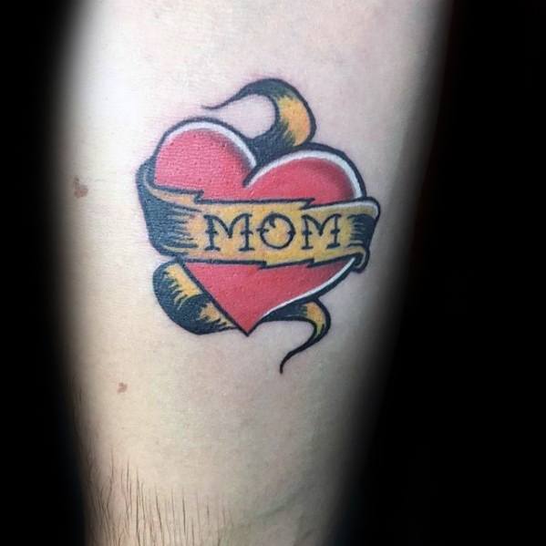 Sharp Traditional Mom Heart Gold Banner Male Tattoo Ideas On Forearm