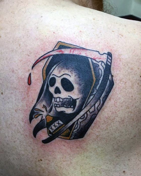 Sharp Traditional Reaper Male Tattoo Ideas On Shoulder Blade Of Back