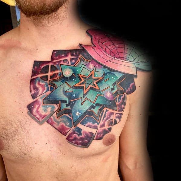 Colorful cosmic chest tattoo featuring layered geometric stars, galaxies, and a pink wireframe sphere blending into a space theme.