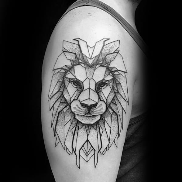 Sharp Upper Arm Geometric Lion Male Tattoo Ideas