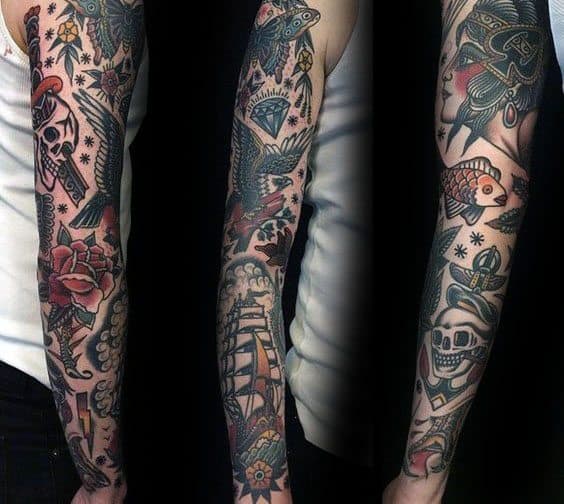 Sharp Vintage Male Tattoo Ideas Full Arm Sleeve