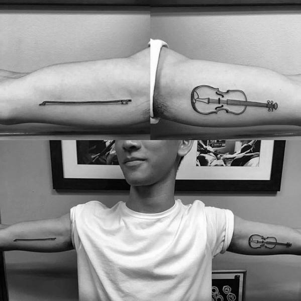 Minimalist matching tattoos of a violin and bow placed on opposite inner arms, creating a full instrument when the arms are joined together.