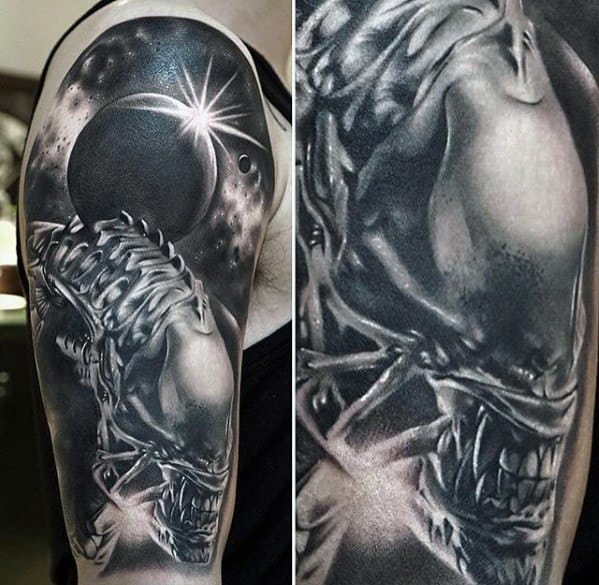 Black and grey Xenomorph tattoo sleeve featuring a snarling alien with dramatic highlights and a glowing planet in the background.