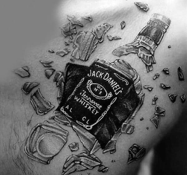 Shattered Jack Daniels Bottle Mens Chest Tattoo Designs