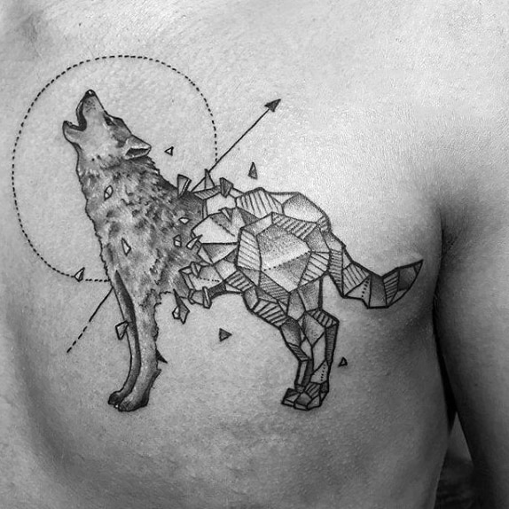 Shattered Rock Geometric Wolf Mens Upper Chest Tattoos