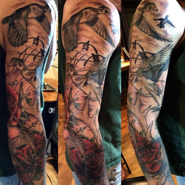 Shded Full Sleeve On Male Of Ducks Flying Tattoo