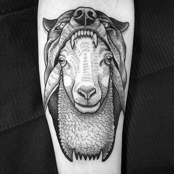 Tattoo of a sheep wearing a wolf's head as a headdress