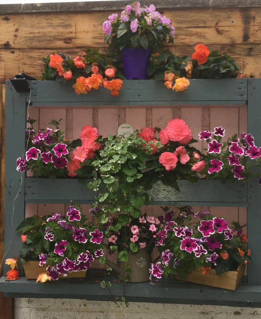 gray shelf and pot hanger pallet garden 