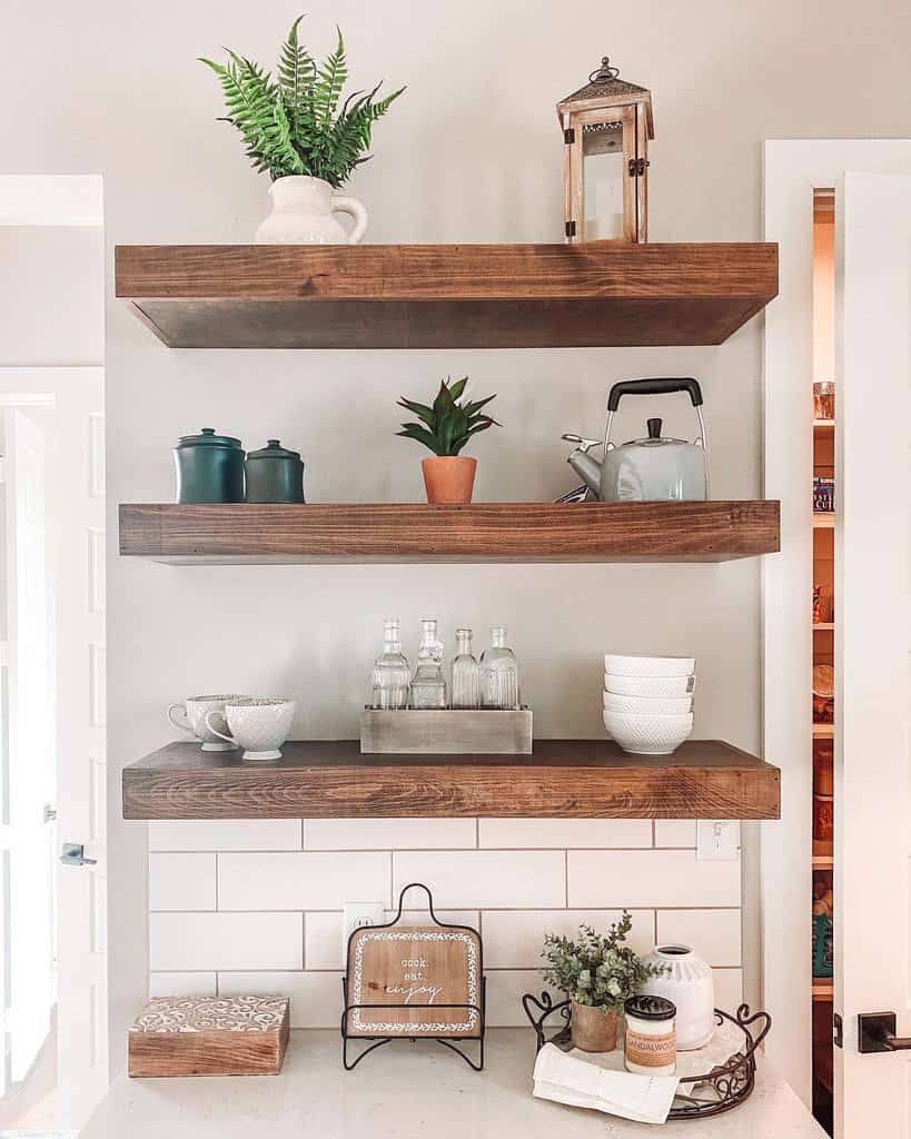 wood wall shelves in modern kitchen