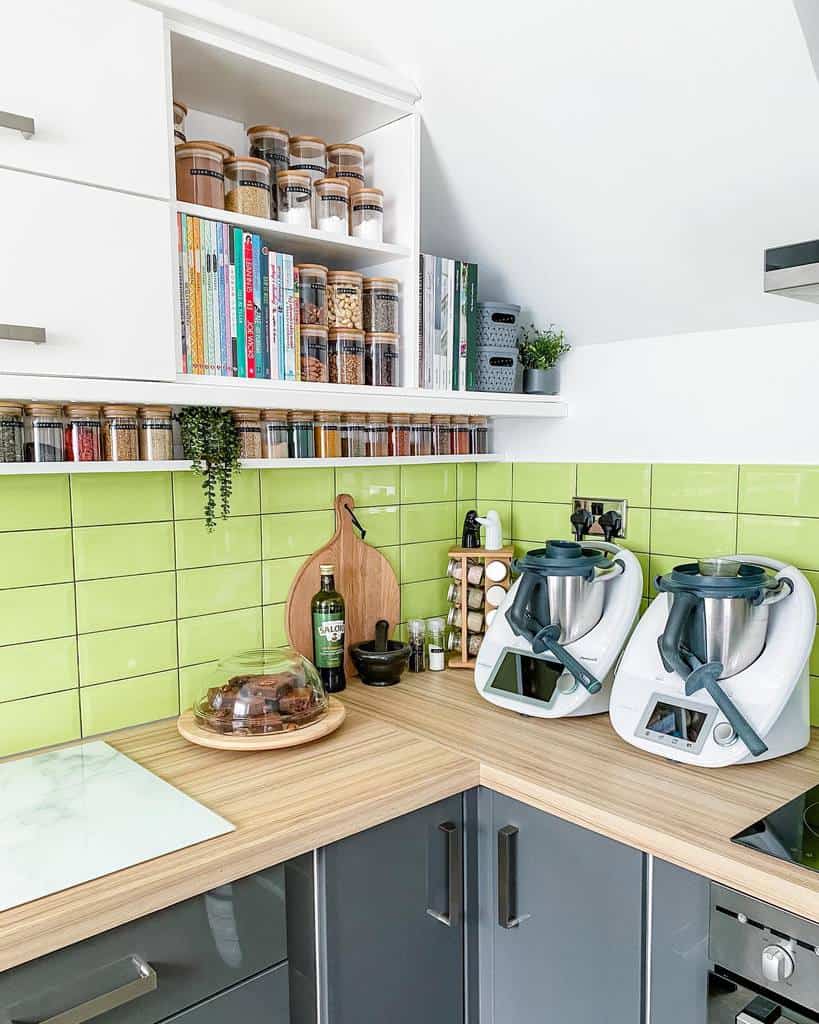 white wall shelves spice shelf with green tiles kitchen
