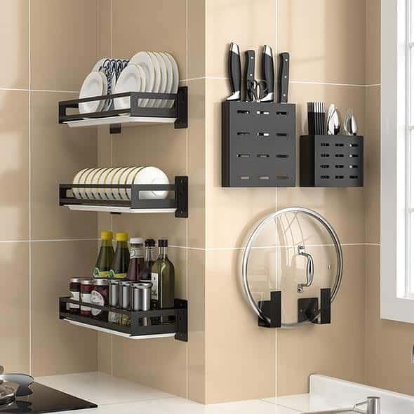 smart corner wall shelves holding cutlery and utensils