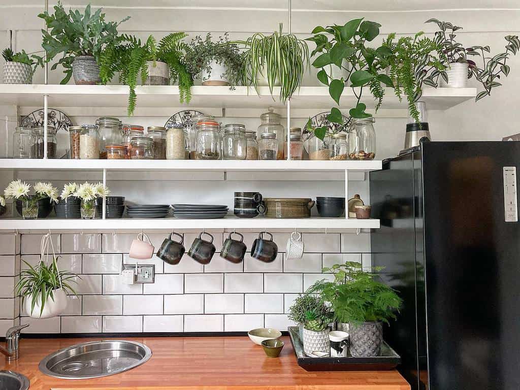 white wall shelves with cutlery glass jars and pot plants hanging mugs