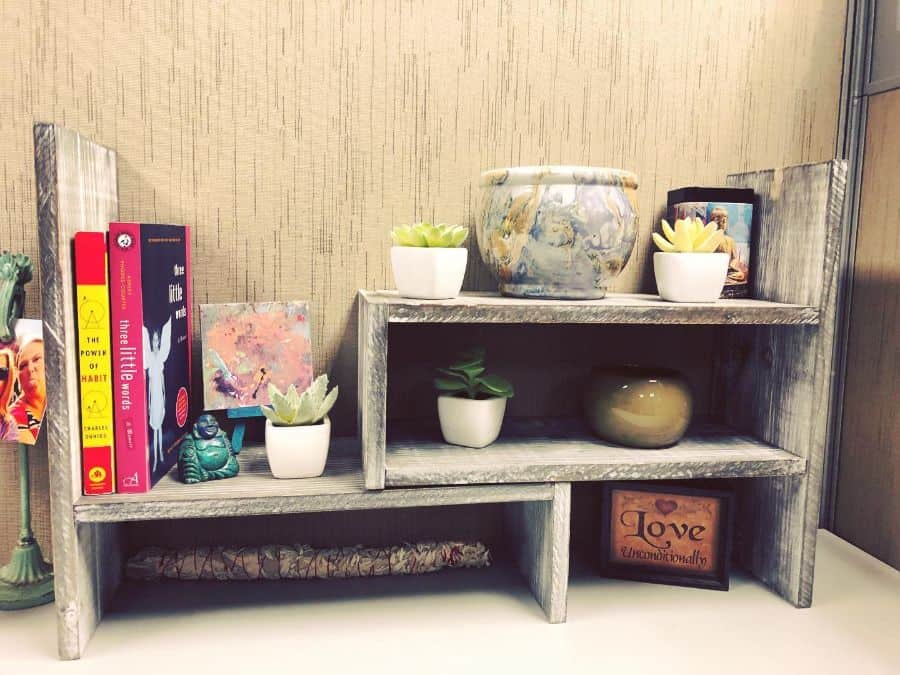 wood shelves office cubicle decor 