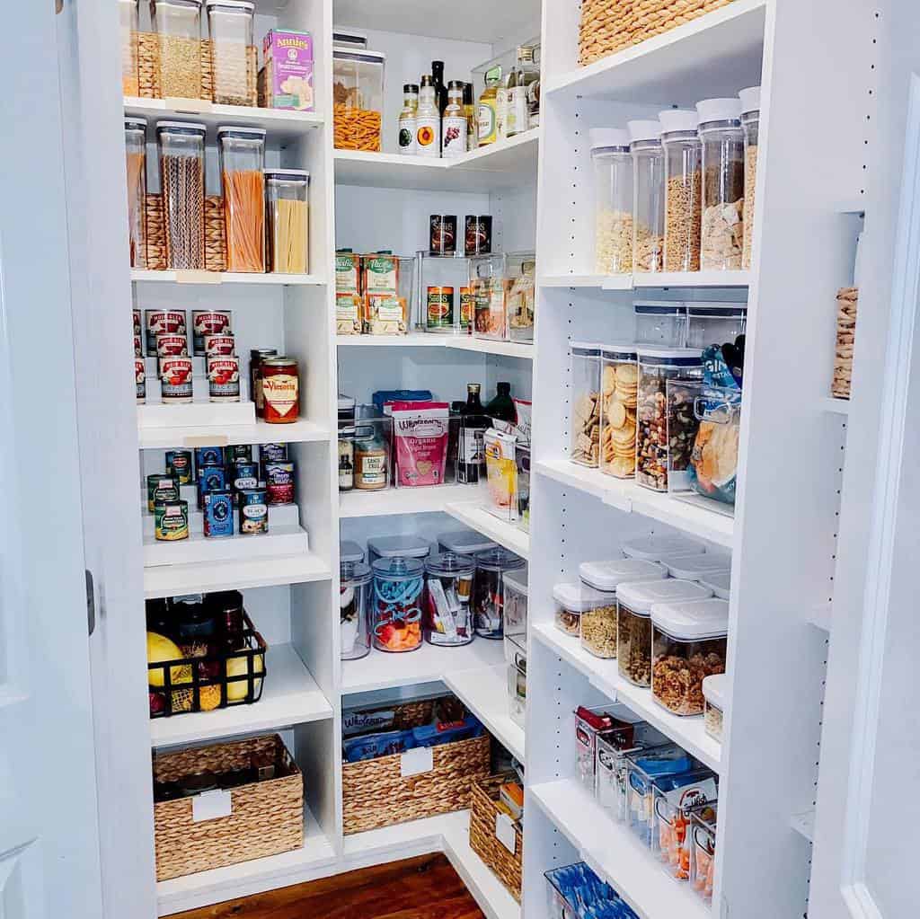 walk-in pantry with stacked shelves 