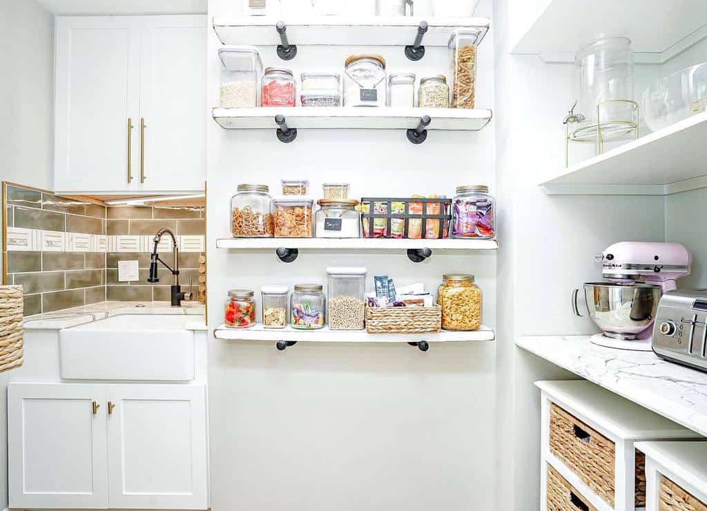 kitchen pantry with mounted wall shelves