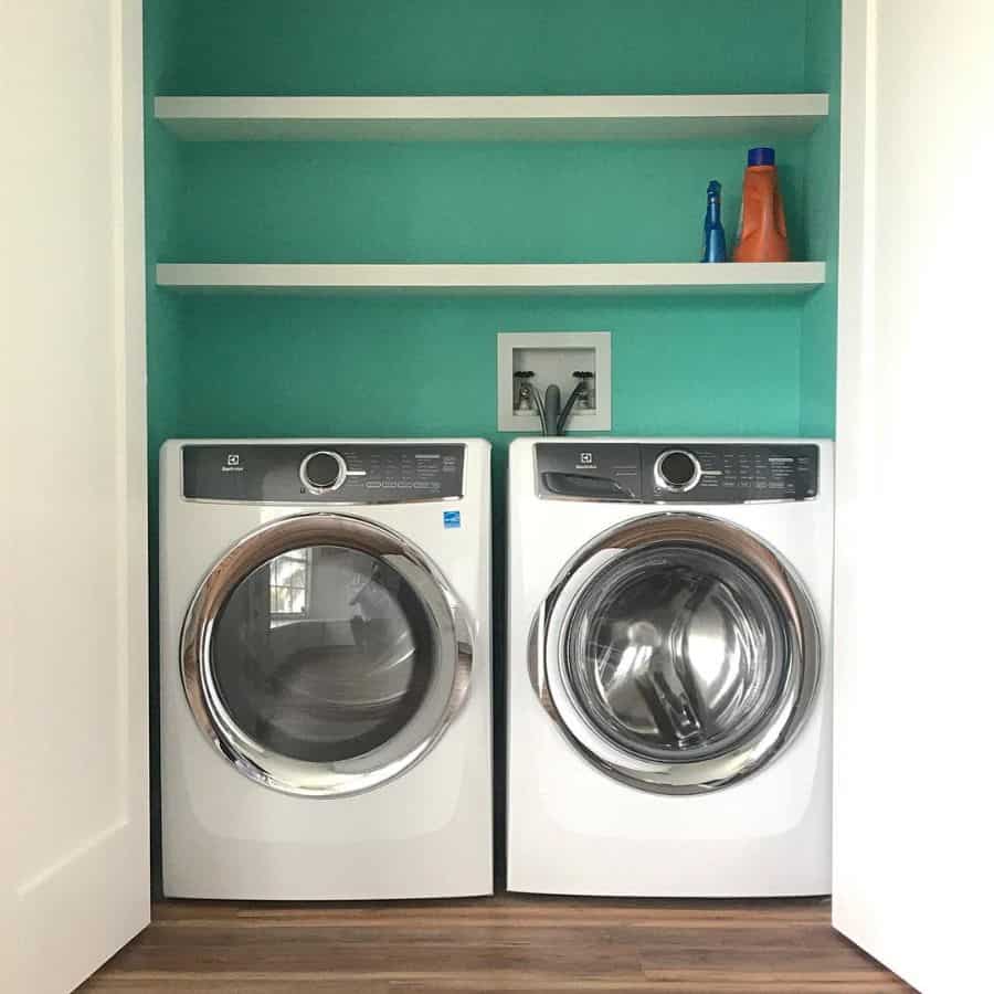 green feature wall shelving laundry closet ideas
