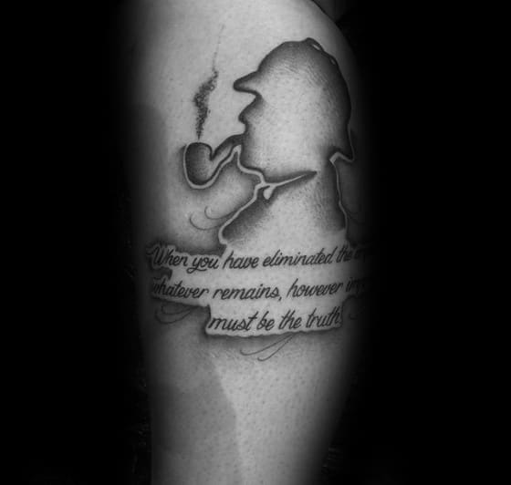 Silhouette of a man with a pipe tattoo, featuring a Sherlock Holmes quote in script underneath