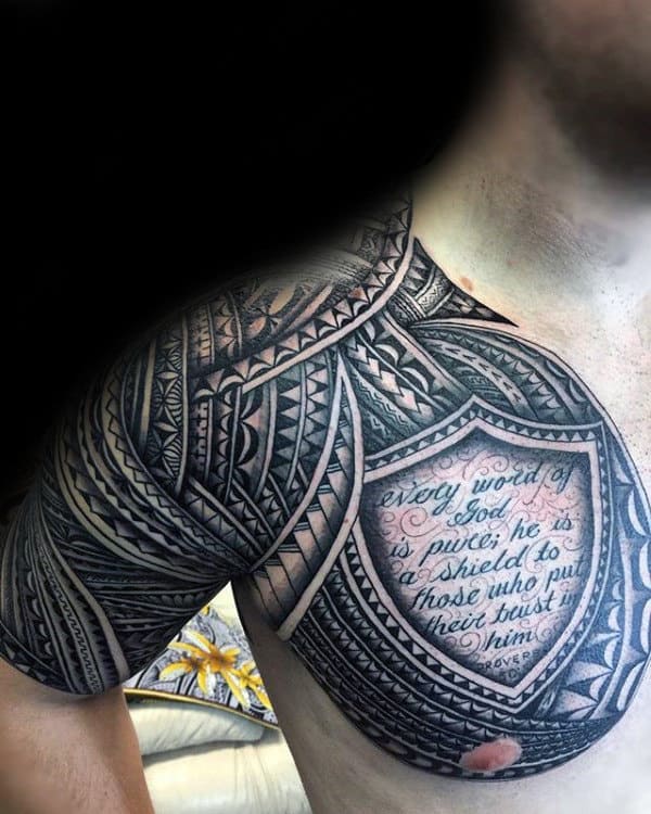 Shield With Samoan Tribal Design Mens Chest And Half Sleeve Tattoo