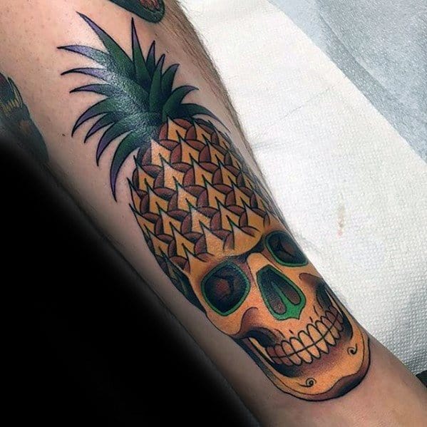 Shin Cool Male Pineapple Skull Tattoo Designs