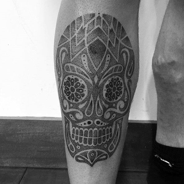 Shin Skull Pointillism Mens Tattoos
