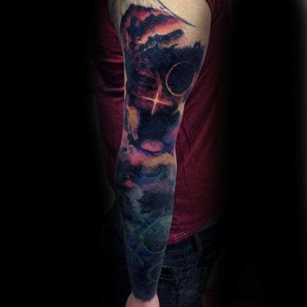 Shining Cross And Astronomy Tattoo Male Full Sleeves