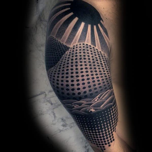 Shining Sun Black Dotwork Tattoo Male Arms