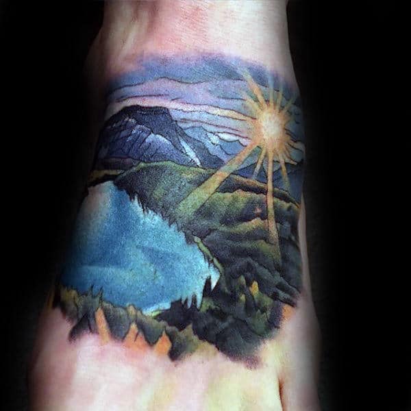 Shining Sun Landscape Foot Tattoos For Men