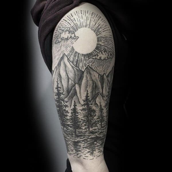 Shining Sun Over Valley Sick Tattoo Male Arms