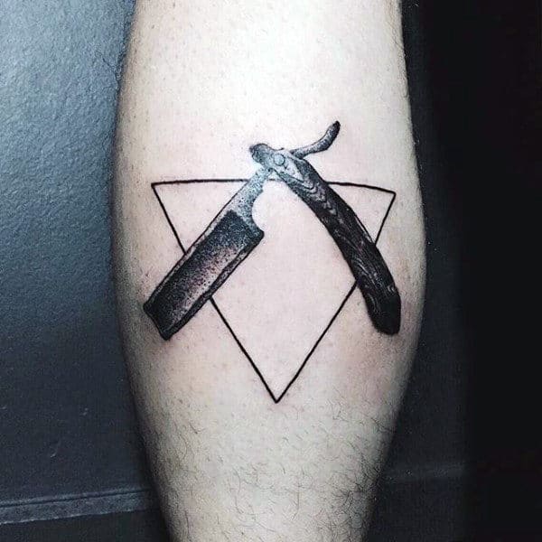 Shiny Black Straight Razor Triangle Tattoo Male Forearm