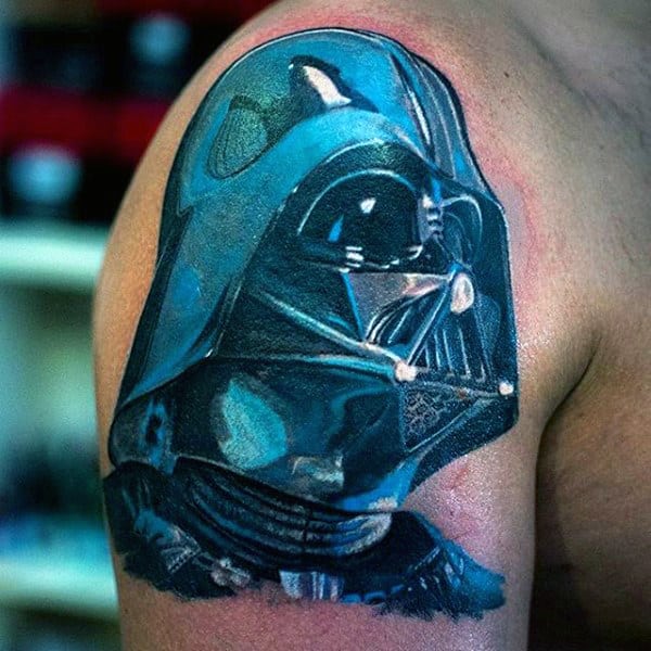 Shiny Blue Shaded Darth Vader Tattoo Male Arms