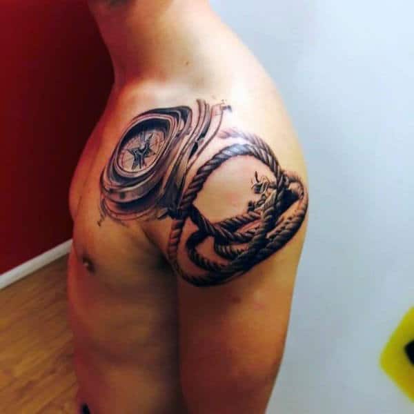 Shiny Compass And Rope Tattoo Guys Shoulders