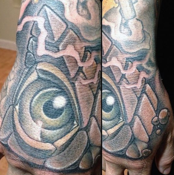 Shiny Green Eye Iluminati Tattoo Male Hands