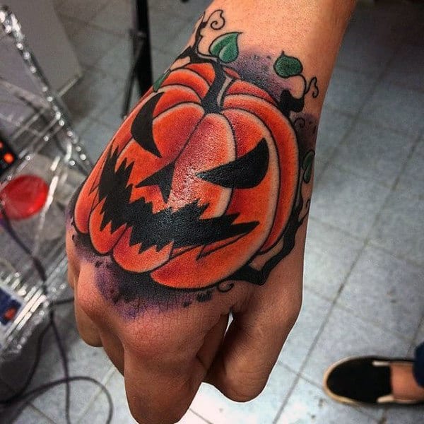 Shiny Orange Pumpkin Halloween Tattoo Male Hands