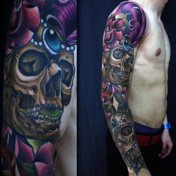 Shiny Skull And Elements New School Tattoo Male Full Sleeves