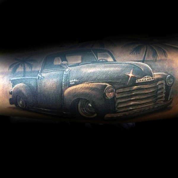 Shiny Vintage Truck On The Beach Tattoo For Guys