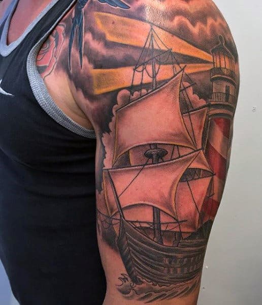 Ship And Lighthouse Tattoo Men