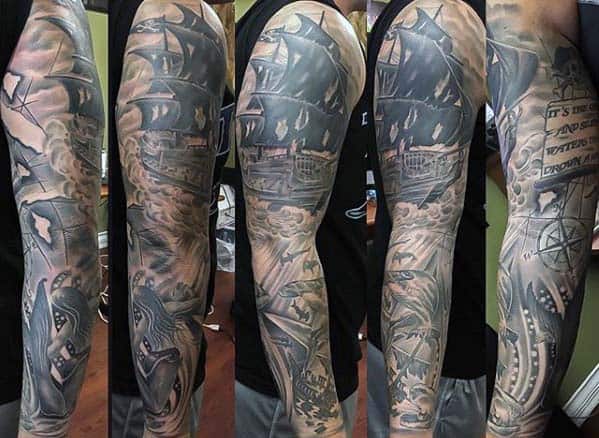 Ship At Sea Nautical Male Full Arm Sleeve Tattoo Ideas