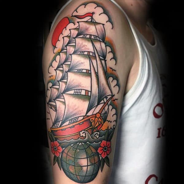 Ship Globe Men Arm Tattoo