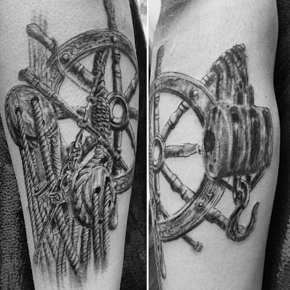 Ship Hook And Wheel Tattoos On Mans Forearm