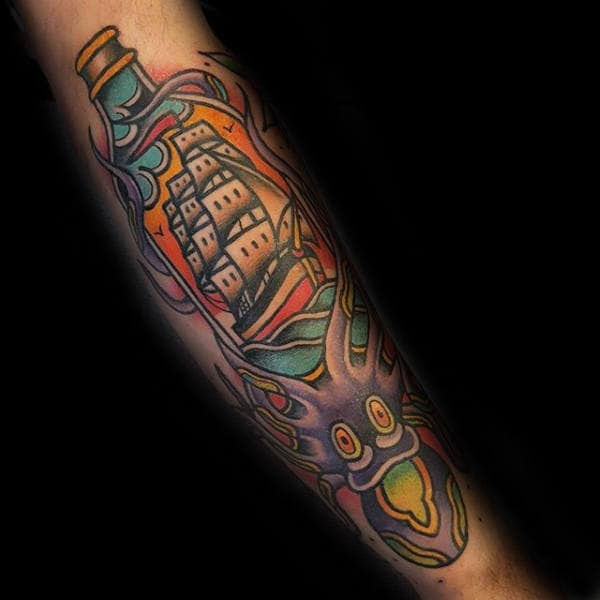 Ship In A Bottle With Octopus Guys Traditional Forearm Tattoos