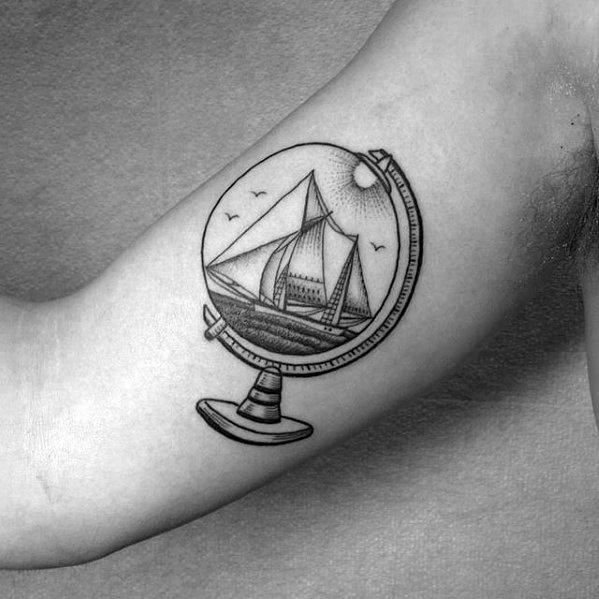 Ship Inside Globe Guys Wanderlust Small Inner Arm Bicep Tattoos