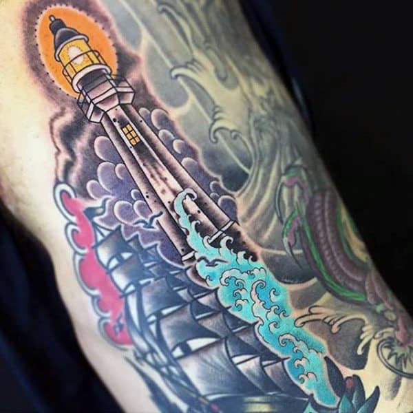 Ship Lighthouse Ocean Tattoo Men