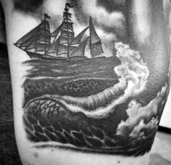 Ship Sailing In Waves Tattoo For Males