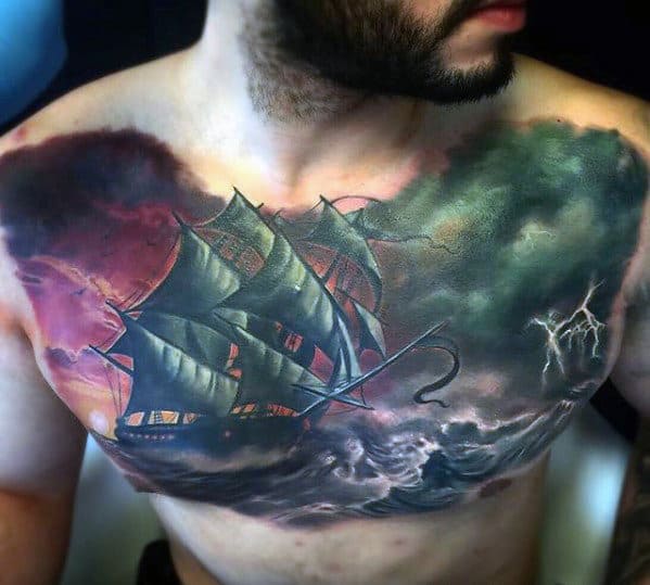 Ship Sailing Through Storm Mens Cool Upper Chest Tattoo Ideas